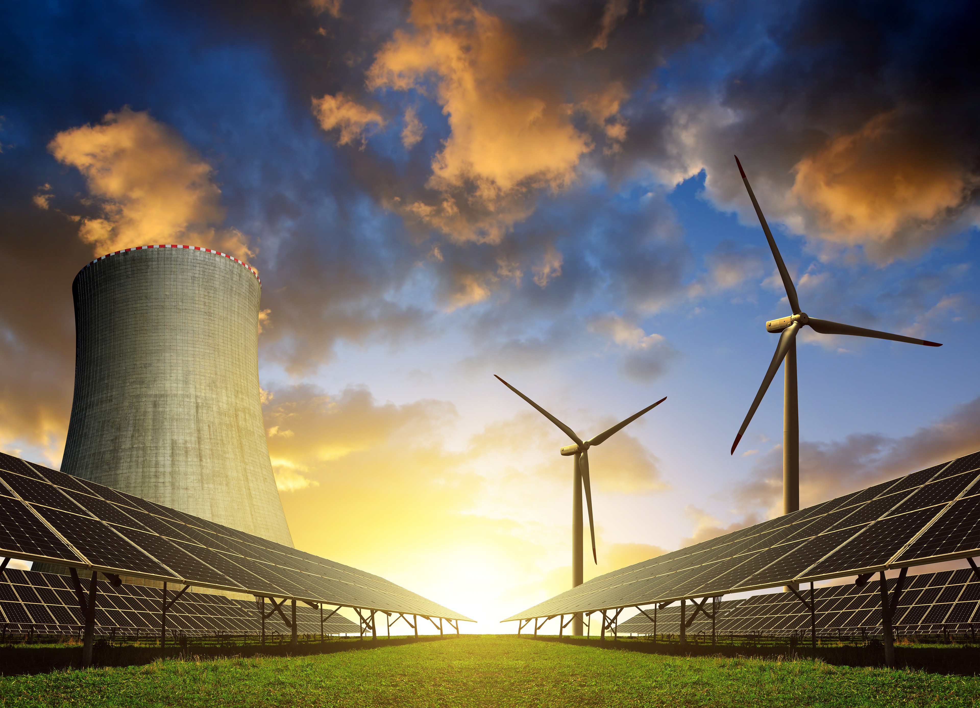 A collection of energy producers including a wind turbines and solar panels